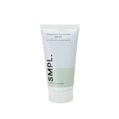 Duurzame suikerriet tube van SMPL Beschermende Zonnebrand SPF 30 gevuld met natuurlijke minerale zonnebrandcrème.