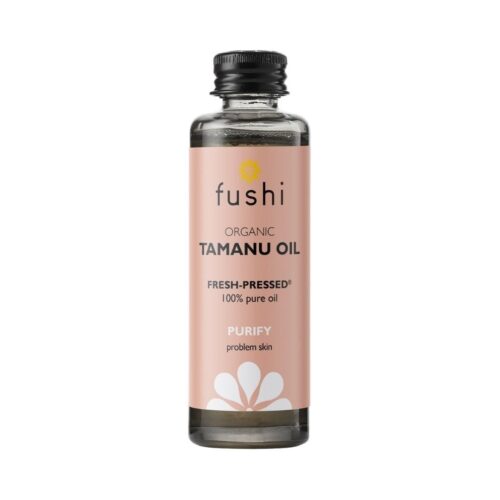 Fushi biologische tamanu olie in glazen fles voor een onrustige huid en tegen littekens