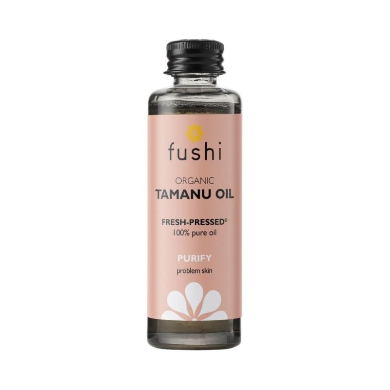 Fushi biologische tamanu olie in glazen fles voor een onrustige huid en tegen littekens