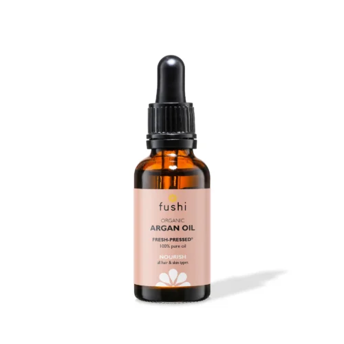 Fushi Biologische Arganolie in een duurzaam, uv-werend glazen flesje van 30ml voor natuurlijke verzorging van huid en haar.