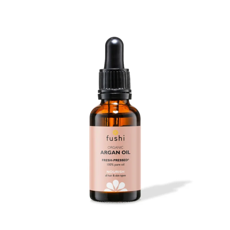 Fushi Biologische Arganolie in een duurzaam, uv-werend glazen flesje van 30ml voor natuurlijke verzorging van huid en haar.