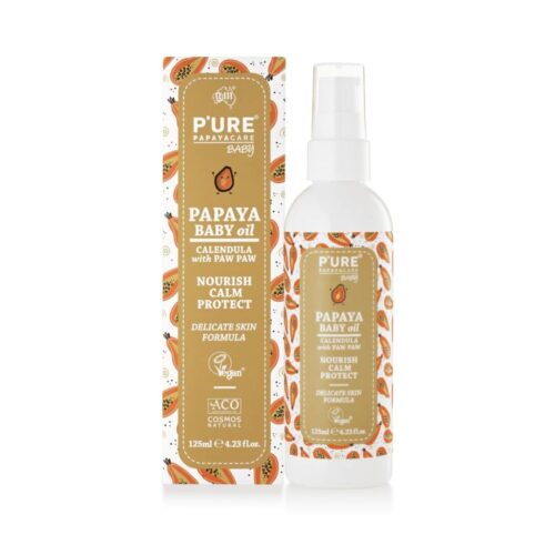 PURE Papaya Baby Olie, een milde natuurlijke babyolie met papaja en calendula voor de gevoelige babyhuid