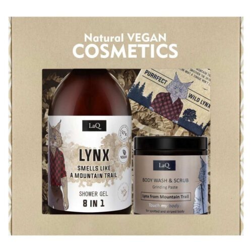 LaQ Lynx Giftset bestaande uit natuurlijke shower gel, body scrub en zeep als luxe vegan cadeau voor de man