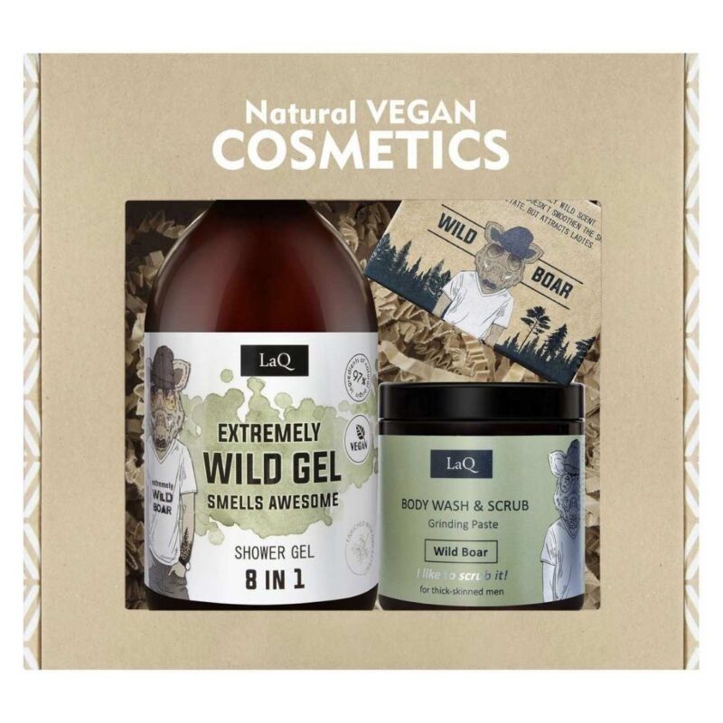 Luxe LaQ Wild Boar geschenkverpakking met een XL shower gel, body scrub en natuurlijke zeep, een ideaal green wellness cadeau voor de man