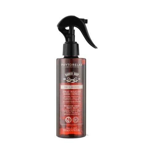 Stijlvolle fles Phytorelax Barbershop Baard en Haarspray, natuurlijke baardverzorging voor mannen met bamboe-extract en aloë vera.