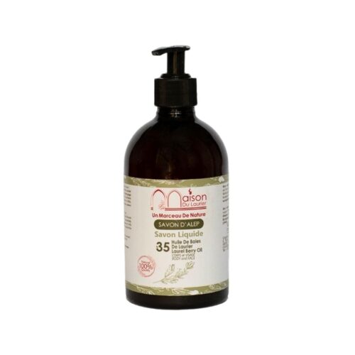 Maison du Laurier Vloeibare Aleppo Zeep 35% rijk aan laurierbesolie, ideaal voor de gevoelige huid en huidproblemen zoals eczeem, acne en psoriasis. 500 ml fles