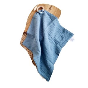 Hydrofiele Knuffeldoek Grijsblauw met Bijtring wasbaar ce certificaat