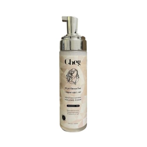 Plantaardige fles Chey Weightless Natural Volume Foam, een natuurlijke haarmousse zonder siliconen met lijnzaad voor kruldefinitie en volume.