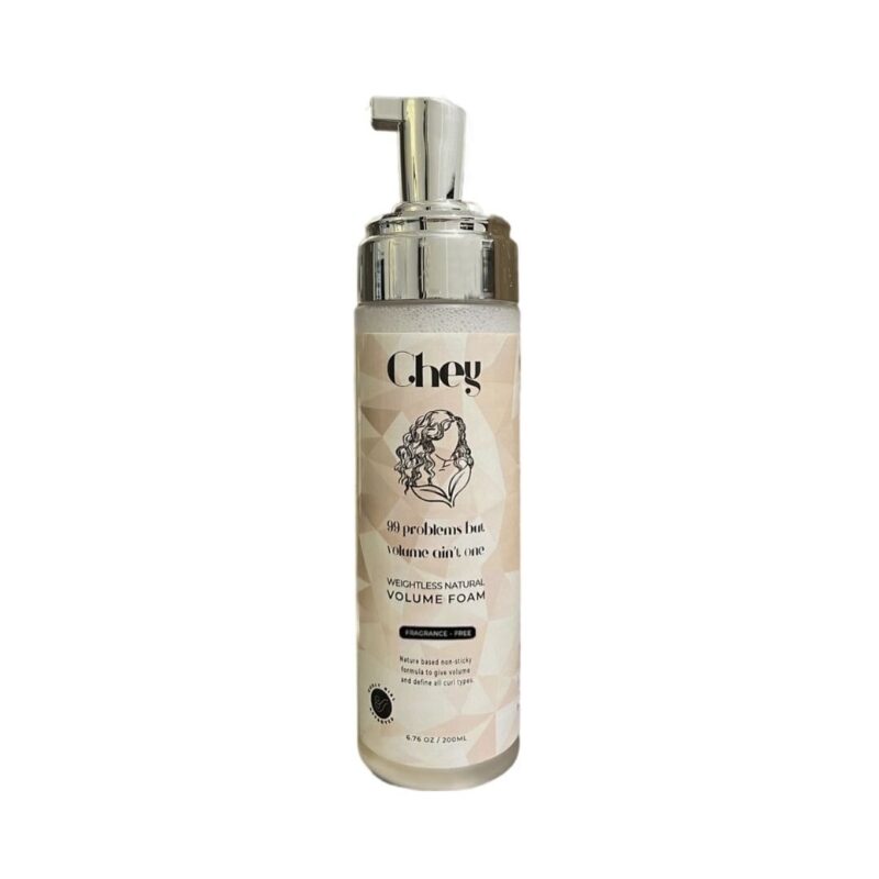 Plantaardige fles Chey Weightless Natural Volume Foam, een natuurlijke haarmousse zonder siliconen met lijnzaad voor kruldefinitie en volume.