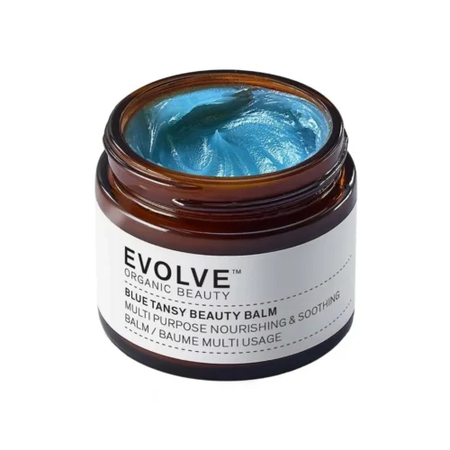 Evolve Blue Tansy Beauty Balm: een blauwe vegan balsem droge huid in een glazen potje voor de verzorging van het gezicht, lippen en droge plekjes.
