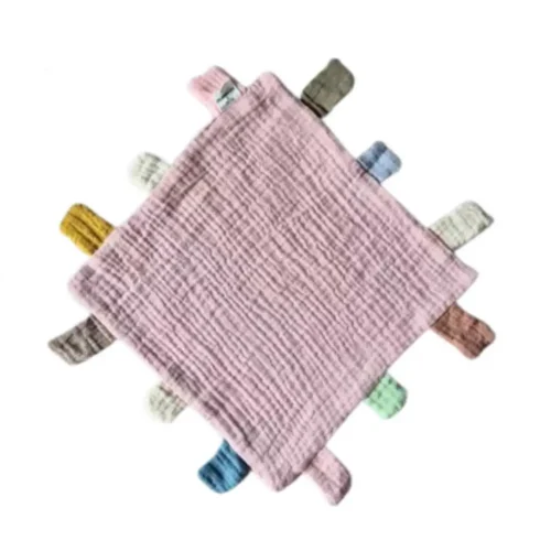 Kraamcadeau knuffeldoekje roze van Rammelaartje, hydrofiel speeldoekje met gekleurde labels van 100% katoen, 25 x 25 cm