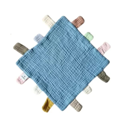 Rammelaartje hydrofiel knuffeldoekje met labels 25x25 cm in blauw, zacht kraamcadeau knuffeldoekje van 100% katoen voor baby's vanaf de geboorte